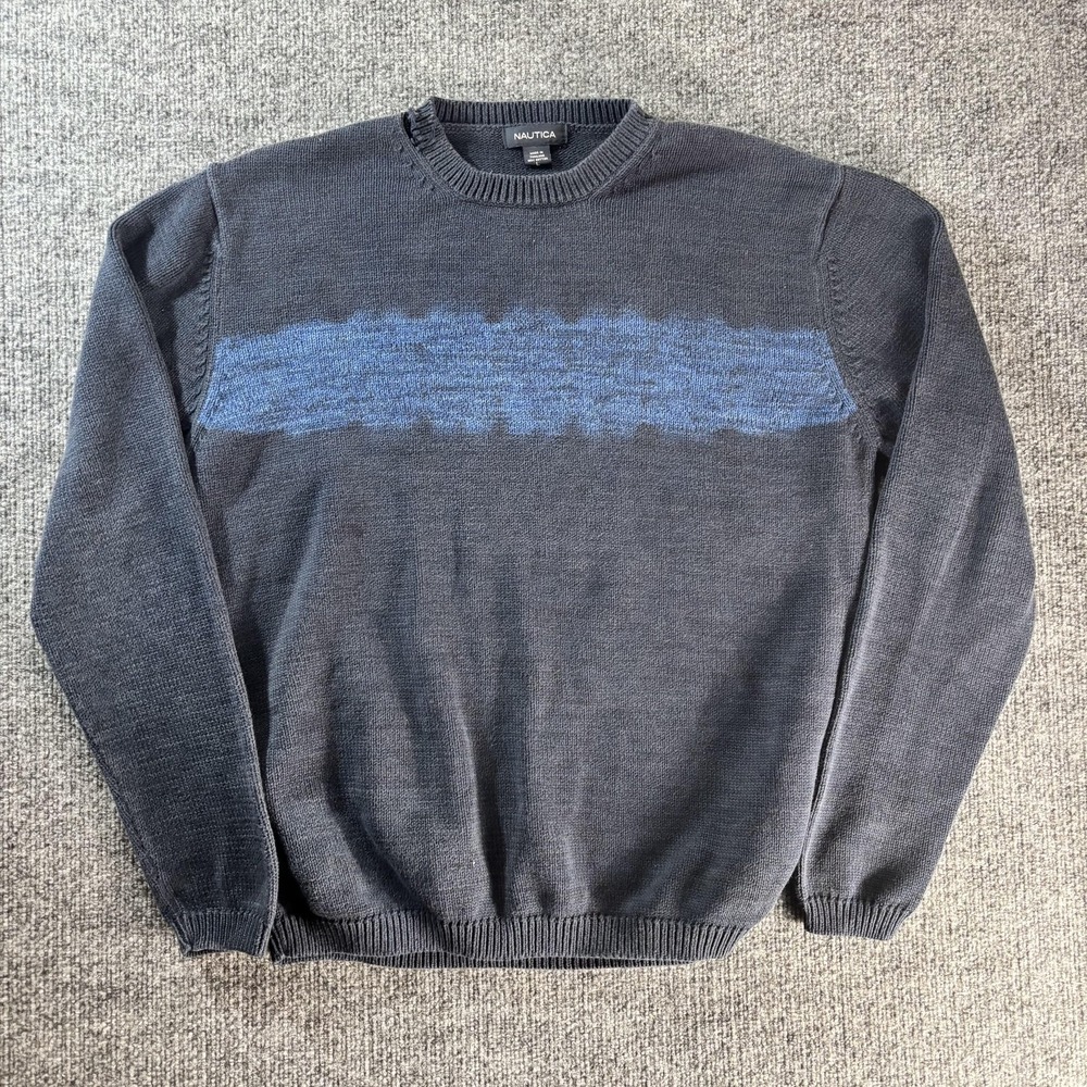 Nautica Sweater Mens Large Gray Blue Stripe Cotton Knit Crewneck Pullover Casual